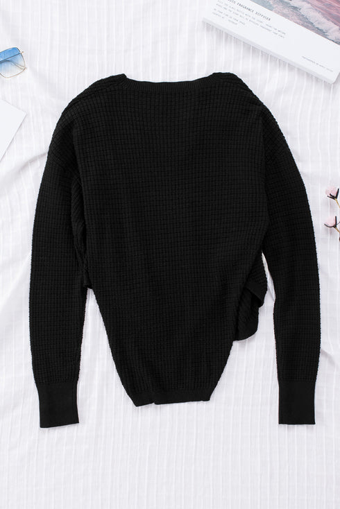 Wrap V Neck Waffle Sweater